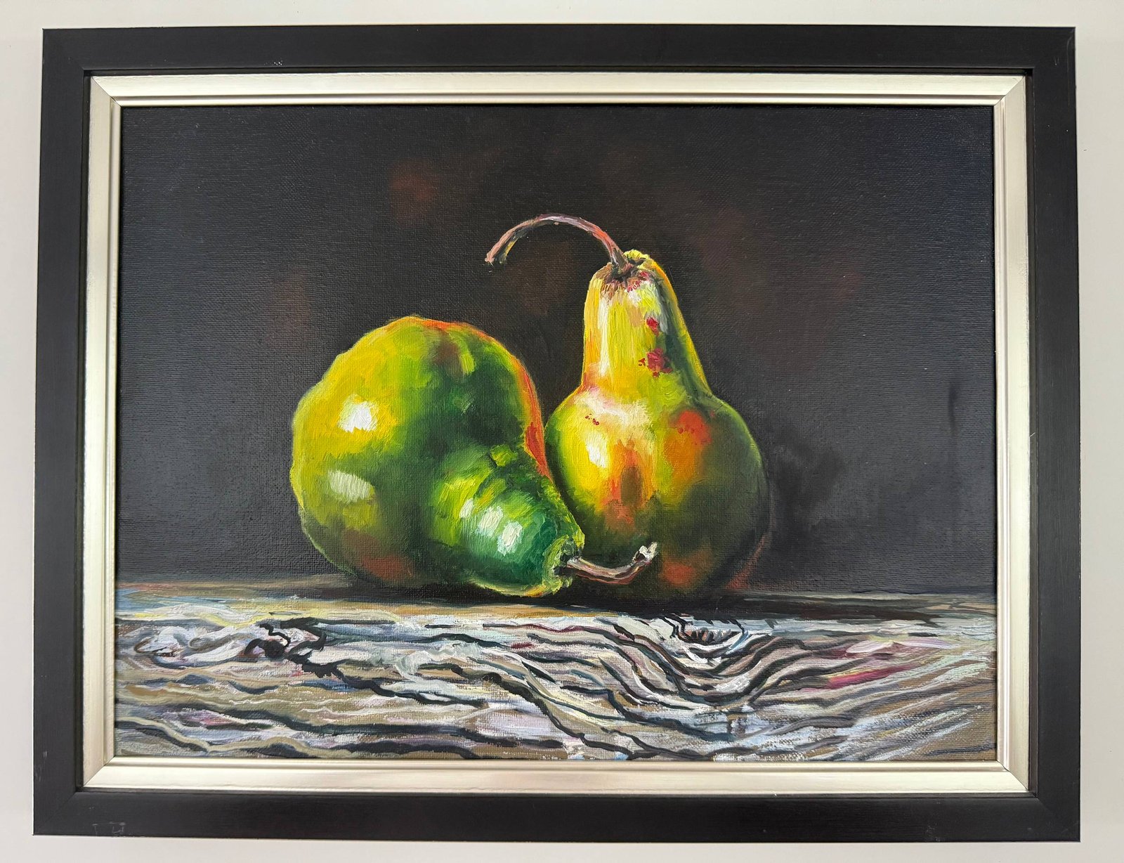 “Golden Pears on Rustic Wood” – Classic Still Life Painting by Regina Arts