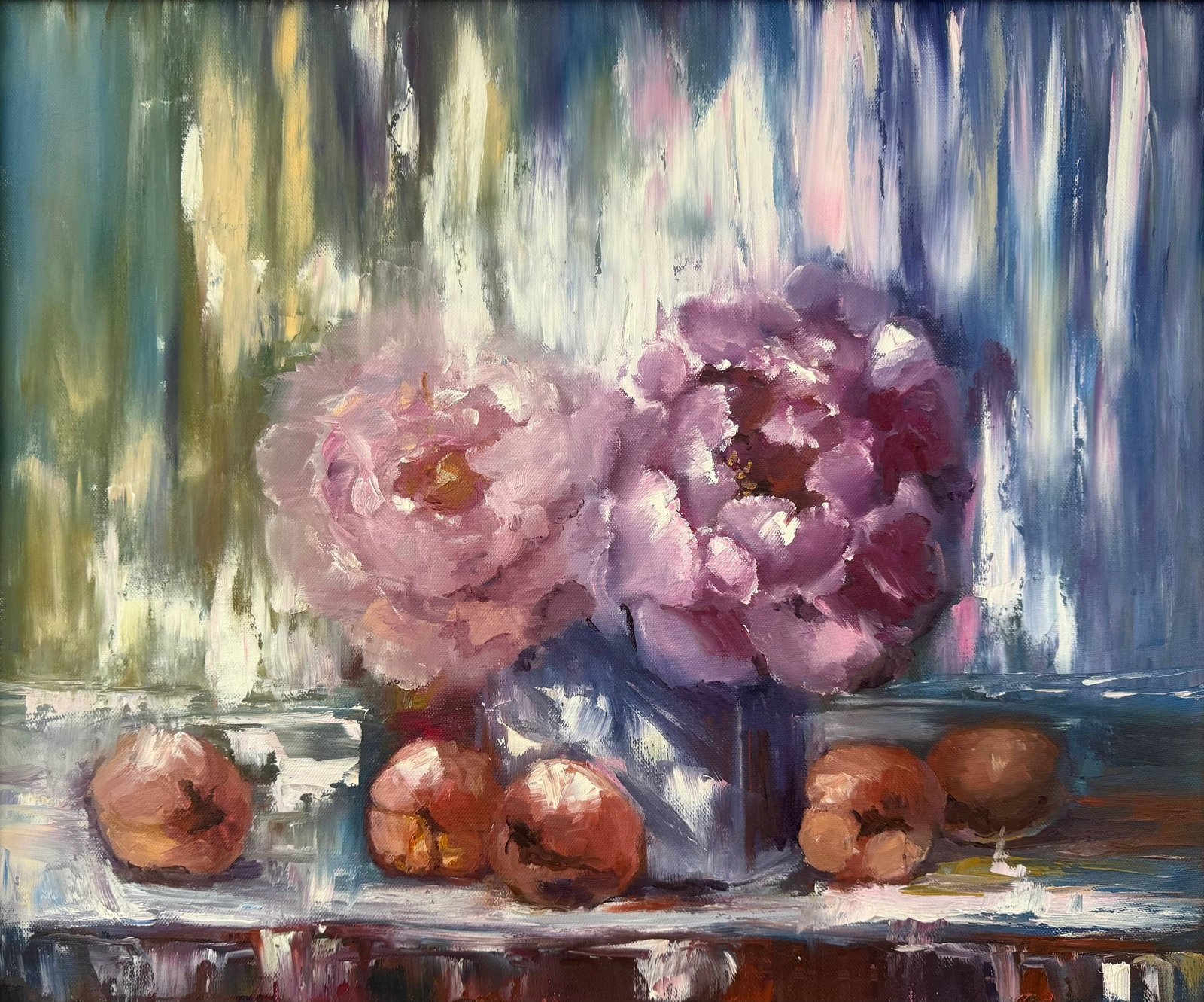 “Peonies and Plums” – Impressionist Floral Still Life by Regina Arts